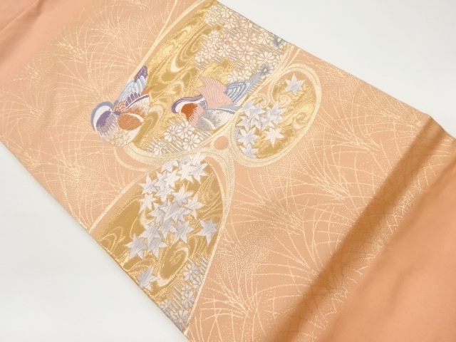 JAPANESE KIMONO / VINTAGE NAGOYA OBI / GOLD FOIL / WOVEN FLORAL PLANTS & MANDARIN DUCK